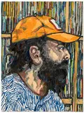 Alex Becerra, Self Portrait in Front of Records, 2022, oil on canvas