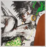 Khari Turner, Rest and Wellness, 2022, Screenprint with extensive hand-coloring in charcoal, wax pastels, wood veneer and paint mixed with sand, on heavy board, with full margins