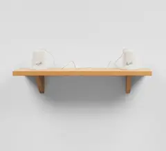 Mona Hatoum, Set in Stone, from Documenta 11, 2002, Multiple comprising two Carrara marble forms with carved typography (East and West in Arabic) connected with hemp string, on an oak shelf (as issued)