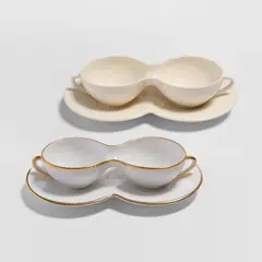 Mona Hatoum, T42; and T42 (gold), 1993-98 & 1999, Two fine stoneware multiples in two parts (cup and saucer), one with gold trim