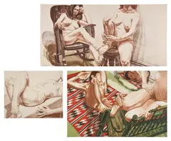 Nude Lying with Crossed Legs; Two Female Models on Rocker and Stool; and Models with Mirror (F. 11 & 37) by Philip Pearlstein, 1969, 1975 and 1983-85, Two lithographs and one etching and aquatint, two in colors, on Arches and T. H. Saunders papers, the full sheets, sold Feb 2025