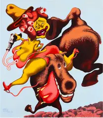 Daisy Crockett by Peter Saul, 1985, acrylic on lithograph, sold Feb 2025