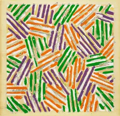 Untitled (U.L.A.E. 13) by Jasper Johns, 1977, Screenprint in colors, on Patapar printing parchment, with full margins, folded (as issued), accompanied by the book Jas, sold Feb 2025