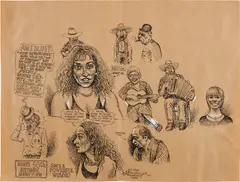 Robert Crumb, Aline's 50th Birthday, August 1st, 1998, Unique black ink and white-out drawing, on the reverse of a restaurant Le Micocoulier paper place setting, framed