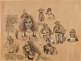 Robert Crumb, Aline's 50th Birthday, August 1st, 1998, Unique black ink and white-out drawing, on the reverse of a restaurant Le Micocoulier paper place setting, framed