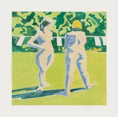Lois Dodd, Two Nudes and Laundry, 2004, Monoprint in colors, on wove paper, with full margins