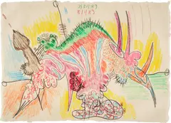 Carroll Dunham, Untitled (7/31-8/1/89), 1989, Unique crayon drawing in colors, on laid paper, framed