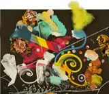 Jean Tinguely, Mémoire de la liberté, 1991, Screenprint in colors with paper and feather collage, on black wove paper, the full sheet