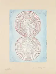 Louise Bourgeois, Together (MoMA 1119), 2004, Etching with extensive hand-coloring in watercolor, colored pencil and graphite, on Twinrocker paper, the full sheet flush-mounted to heavy buff card (as issued)