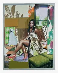 Mickalene Thomas, I've Been Good to Me, 2015, Mixed media collage with screenprint, monoprint, silica flocking, wood veneer and digital printing in colors, on Museum Board, with full margins