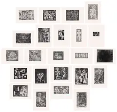 Louise Nevelson, Untitled Suite: 23 plates (B. 1, 2, 4-9, 12-20, 22-23, 25, 27-28 & 30), 1950-55/1965-66, 23 etchings, on Rives BFK paper, with full margins, all contained in a blue canvas-covered clamshell portfolio