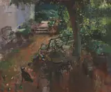 Frederick Cuming, August Garden with Cat, 1992, oil on board