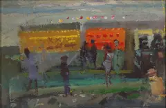 Frederick Cuming, At the Fairground, oil on board