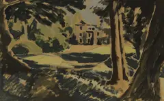 View of a house though a wooded landscape by Julian Trevelyan, gouache over pencil, sold Jul 2026