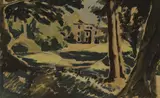 Julian Trevelyan, View of a house though a wooded landscape, gouache over pencil
