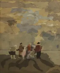 Mabel Maugham Beldy, Figures on a beach, mixed media collage