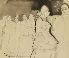 John Stanton Ward, The Beryozka Russian Dance Company at the Stoll Theatre, London, 1954, pen and ink and wash