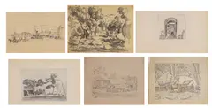Ethelbert White, A group of eight drawings of rural scenes, a boat and a cottage interior, pen and ink and black chalk