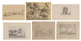 Ethelbert White, A group of eight drawings of rural scenes, a boat and a cottage interior, pen and ink and black chalk