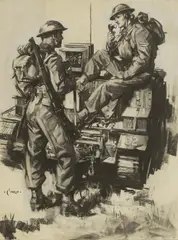 Terence Cuneo, Soldiers and a tank, black chalk and gouache