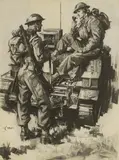 Terence Cuneo, Soldiers and a tank, black chalk and gouache
