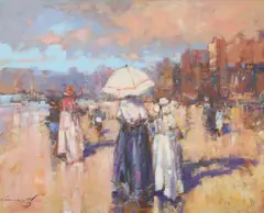 Ken Moroney, Beachside promenade, oil on board