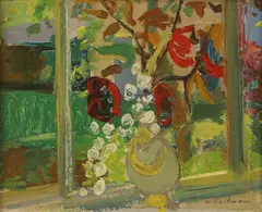 Werner Hartmann, Vase of flowers by a window, oil on board