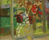 Werner Hartmann, Vase of flowers by a window, oil on board