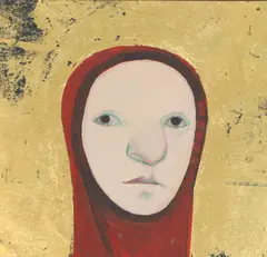 Selina Trieff, Untitled, woman in red, mixed media on canvas board