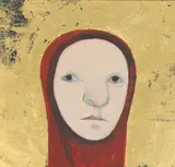 Selina Trieff, Untitled, woman in red, mixed media on canvas board