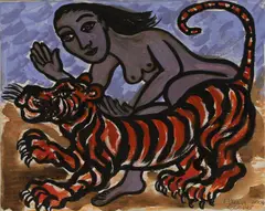 Eileen Cooper, Woman and tiger, mixed media on artist's board