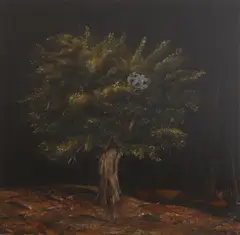 Julian Perry, Hubcap in a tree, oil on board