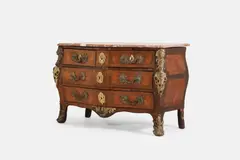 Jean-Charles Ellaume, a Louis XV kingwood and tulipwood commode, mid-18th century, French,, of serpentine outline with a rouge marble top