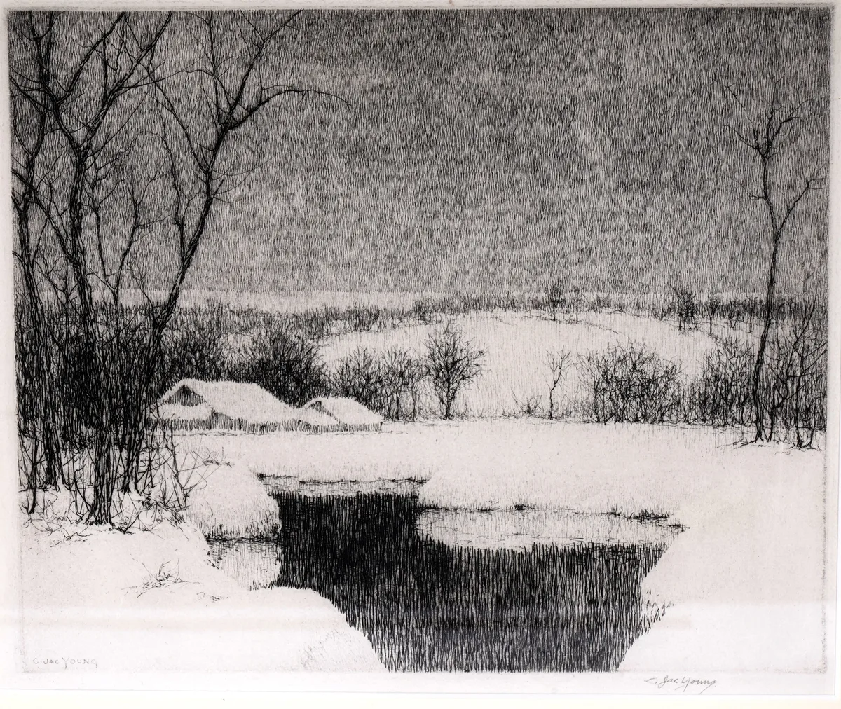 C. Jac Young, Winter landscape with farm buildings, etching