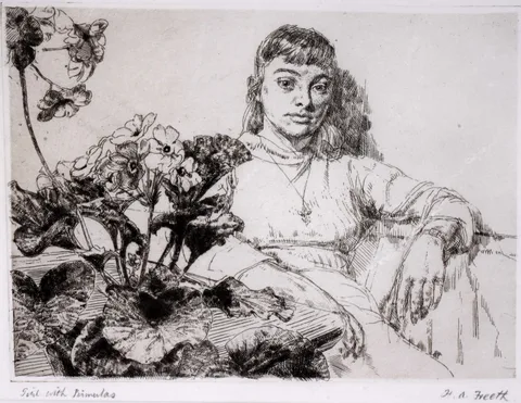 Andrew Freeth, Girl with Primulas, etching