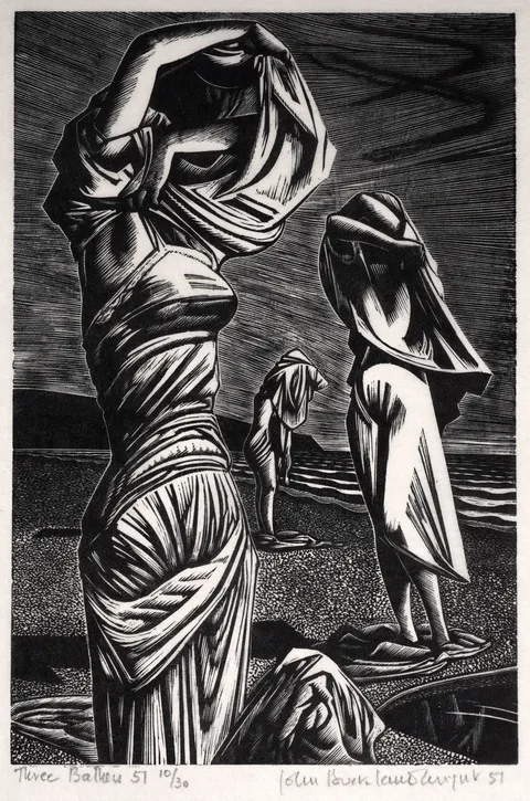 John Buckland Wright, Three Bathers, limited edition wood engraving, 10/30