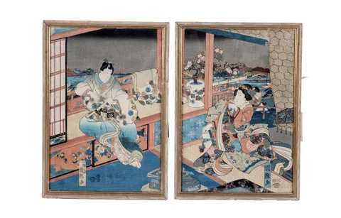 Utagawa Kuniteru, Two blocks from a triptych depicting figures in an interior, woodblock print