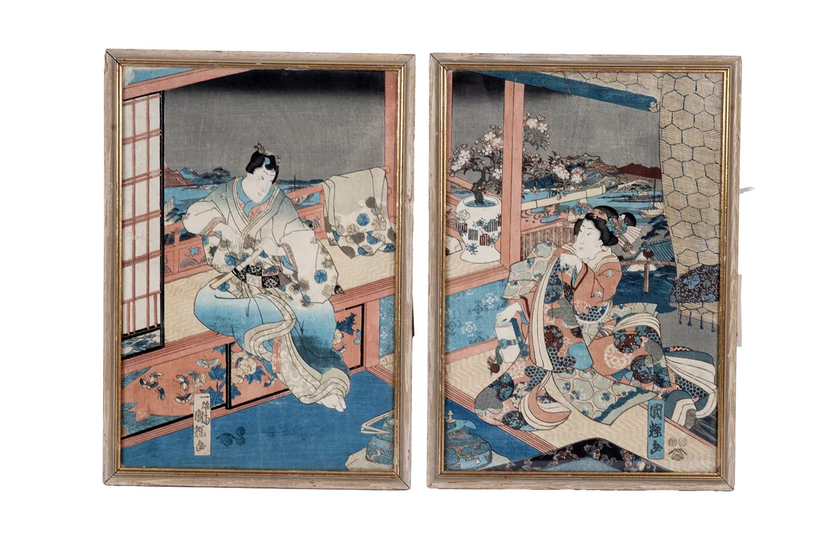 Utagawa Kuniteru, Two blocks from a triptych depicting figures in an interior, woodblock print