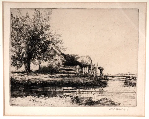 William Palmer Robins, Dutch farmer in a landscape, etching