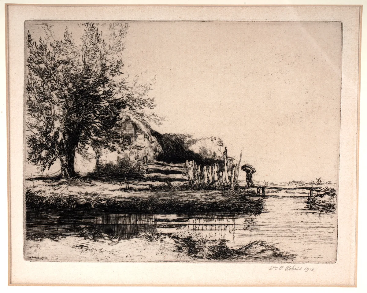 William Palmer Robins, Dutch farmer in a landscape, etching