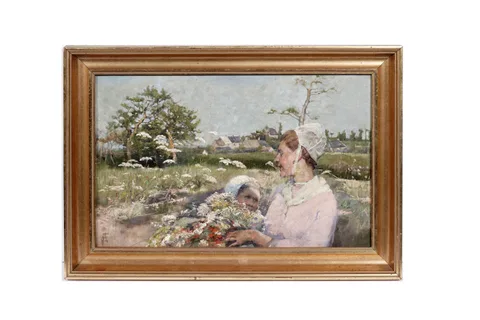 Elizabeth Forbes, Gathering Flowers in a Wild Meadow, an Impressionist scene, oil on canvas
