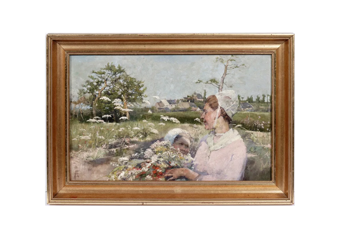 Elizabeth Forbes, Gathering Flowers in a Wild Meadow, an Impressionist scene, oil on canvas