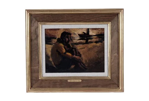 Josef Herman, Woman Sitting on the Shore, oil on board