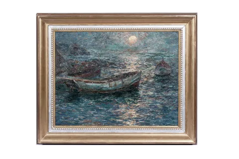 John Falconer Slater, Boats at Dawn, oil on canvas