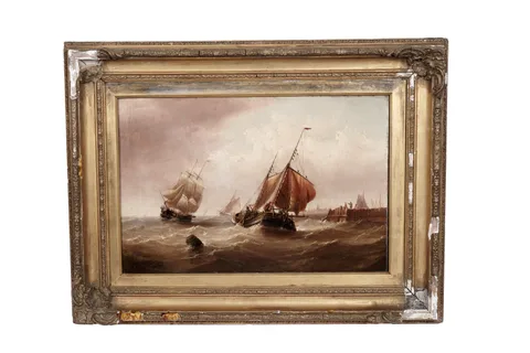 Claude Thomas Stanfield Moore, Nautical view of three boats by a harbour, oil on canvas