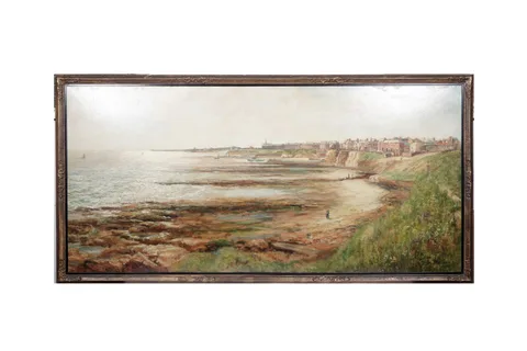 John Falconer Slater, A view of Whitley Bay, looking south towards Cullercoats, and Tynemouth, oil on board
