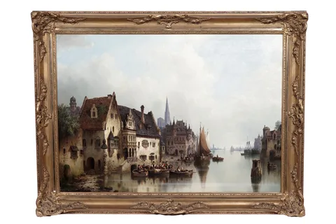 Ludwig Hermann, Dutch harbour scene, oil on canvas