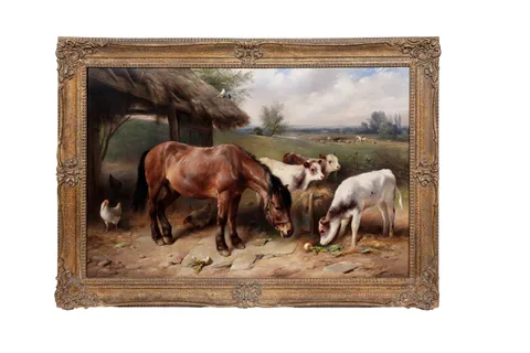 Walter Hunt, A bay horse shares a farmyard meal, oil on canvas
