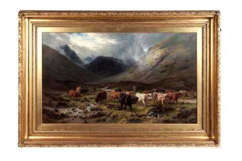Louis Bosworth Hurt, Highland Cattle watering in a Mountain Glen, oil on canvas