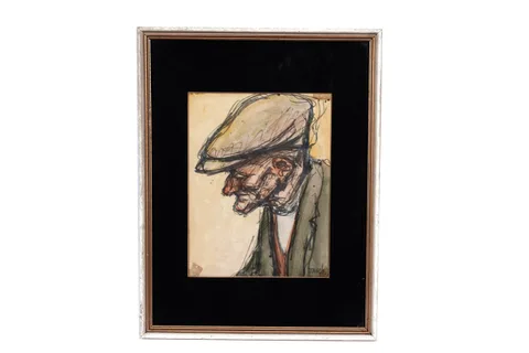 Norman Cornish, Man in Cap, watercolour and flowmaster pen on paper
